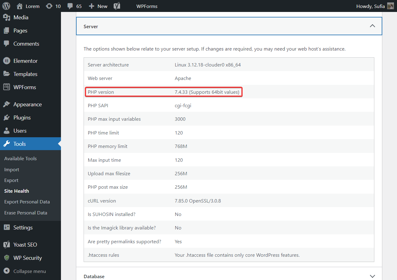 wordpress site php version - elementor not loading