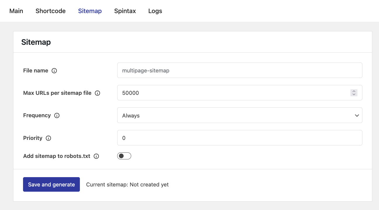 sitemap settings