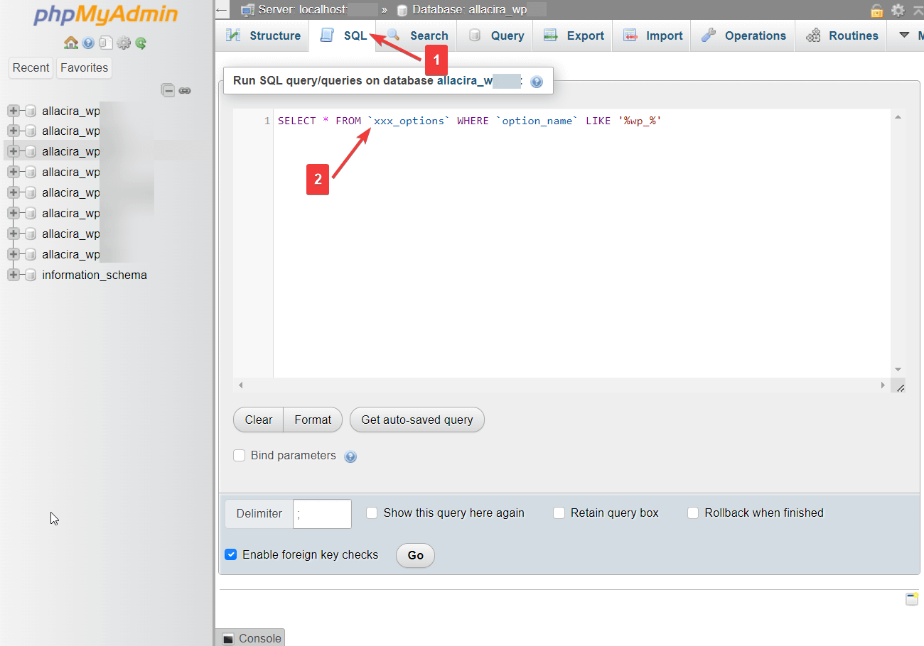 Running an SQL query in phpMyAdmin to change WordPress database prefix.