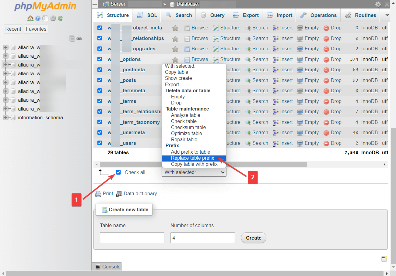 Replace database table in phpMyAdmin to help change WordPress database prefix.