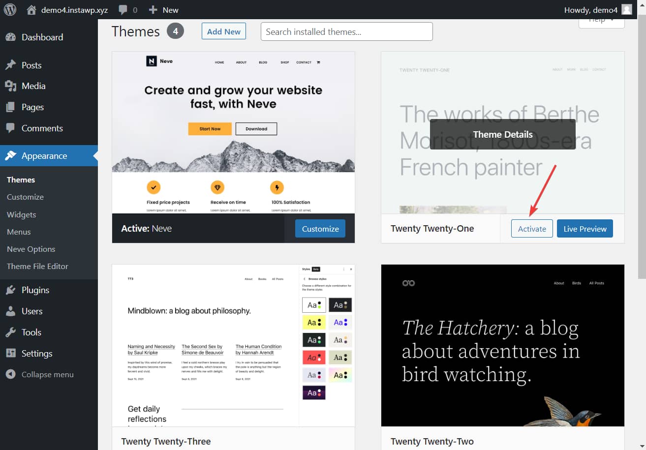 activating default wordpress themes