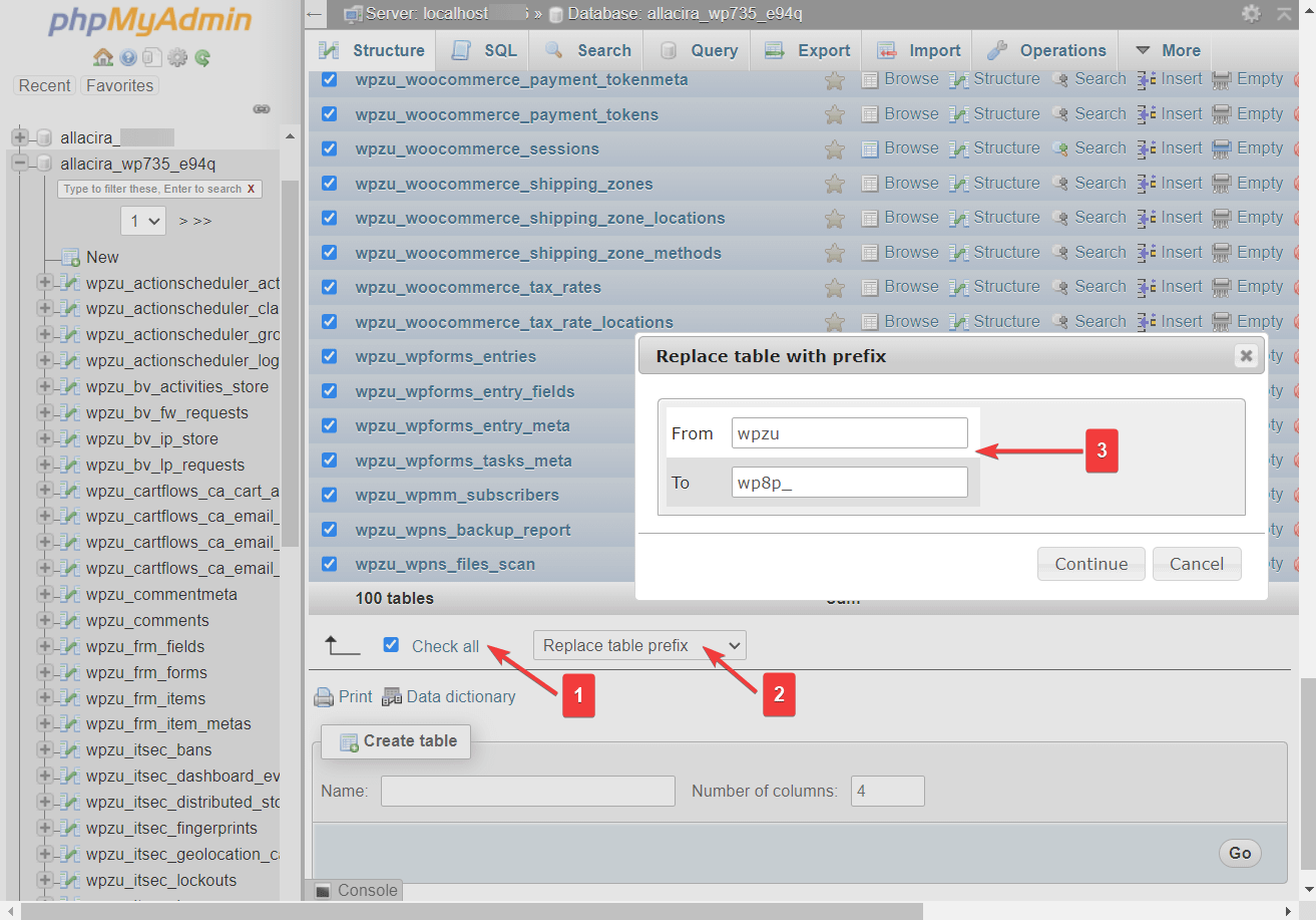 rename database prefix in phpmyadmin