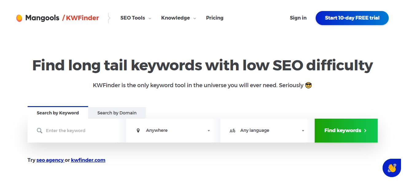 Free SEO tools - kwfinder home page