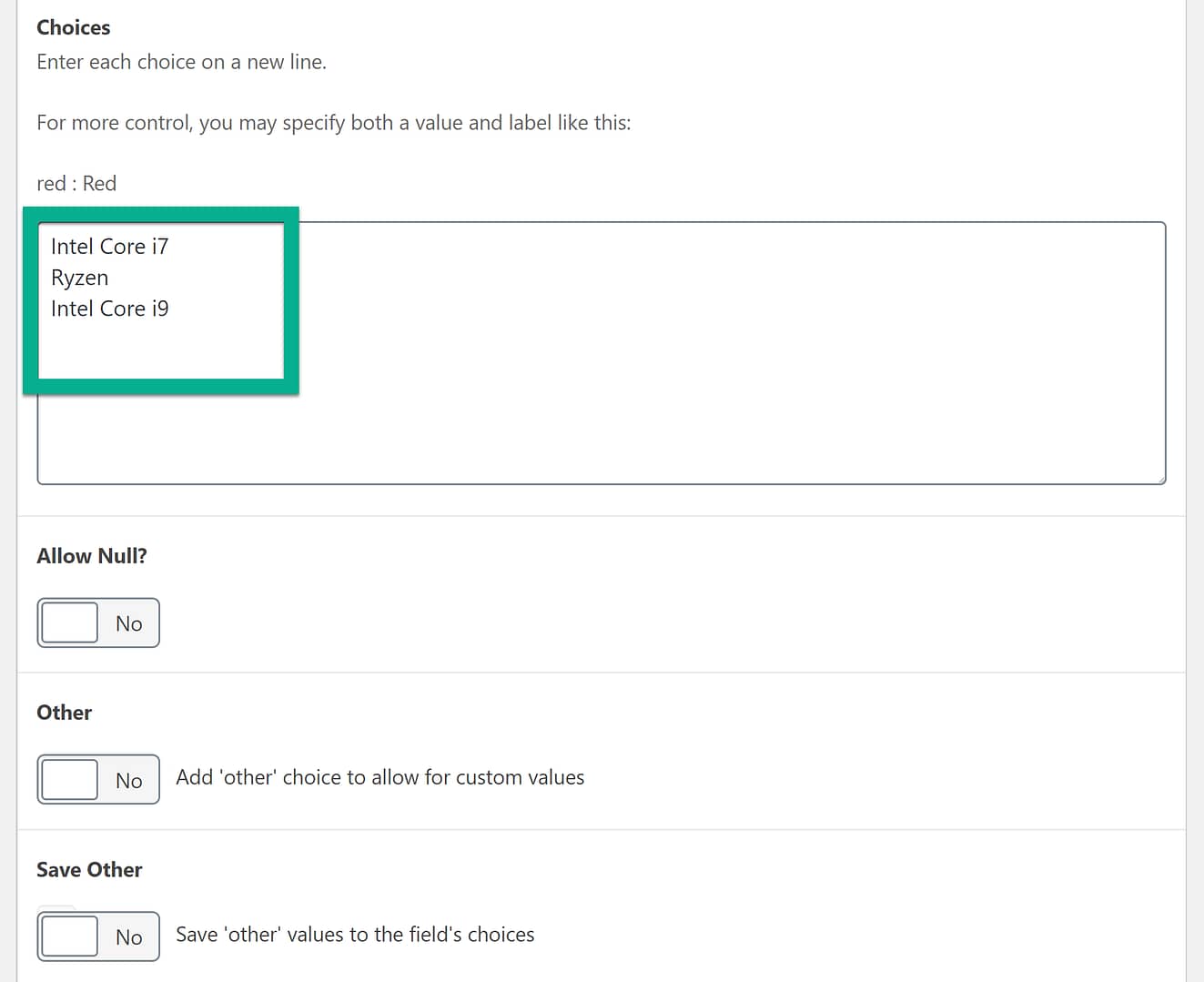 field choices for custom fields WooCommerce