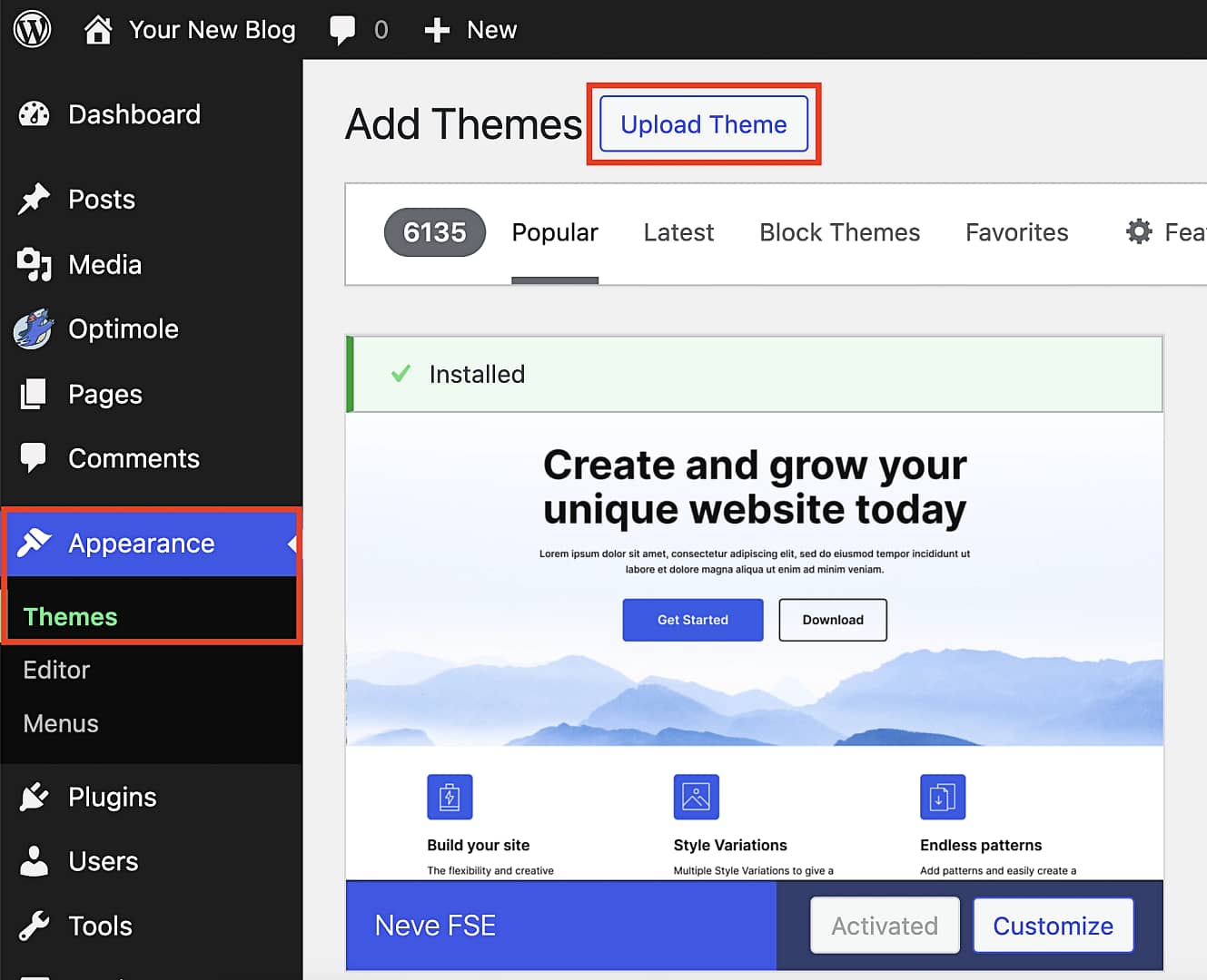 Adding a new WordPress theme to a free WordPress blog.