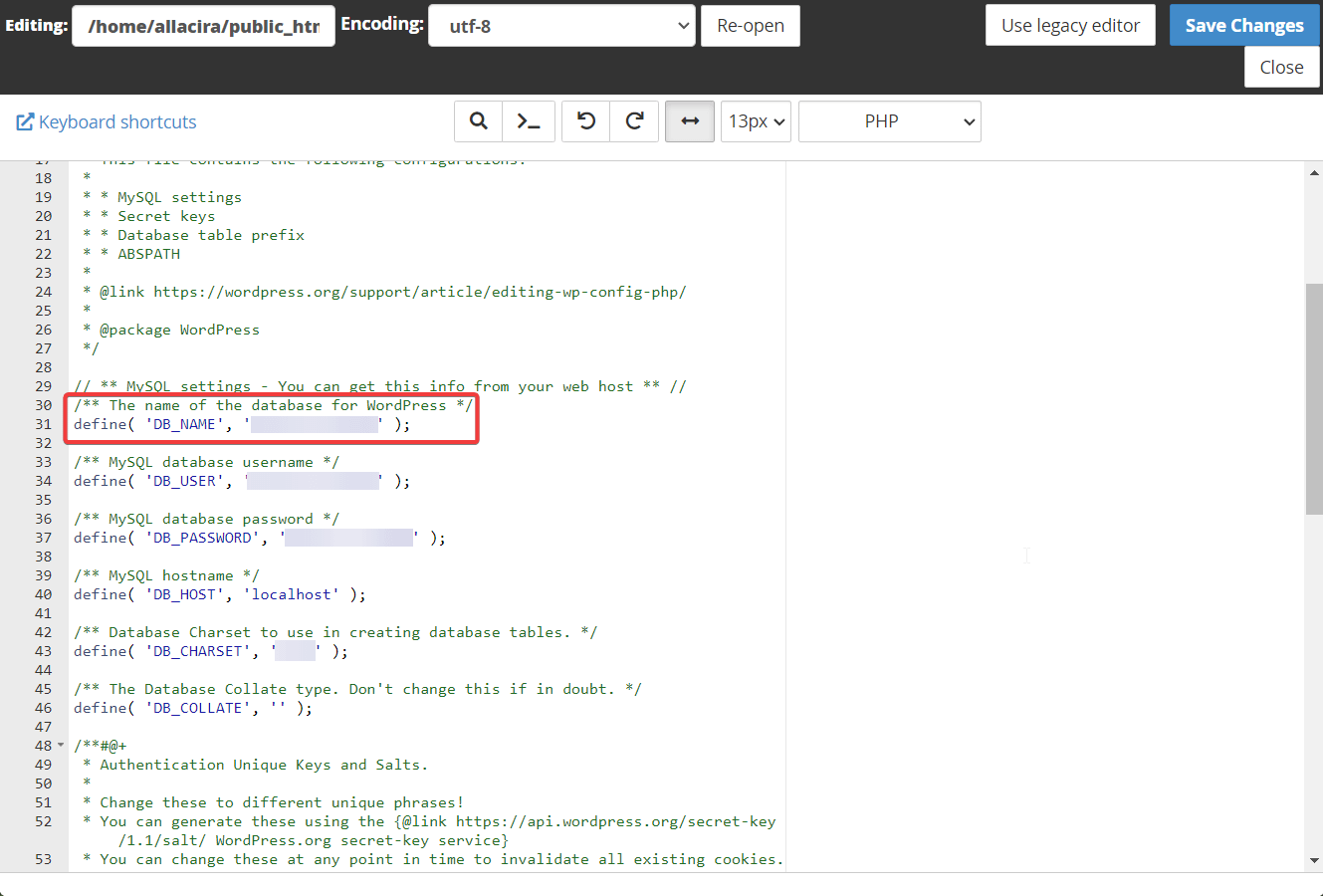 Changing database prefix in wpconfig.