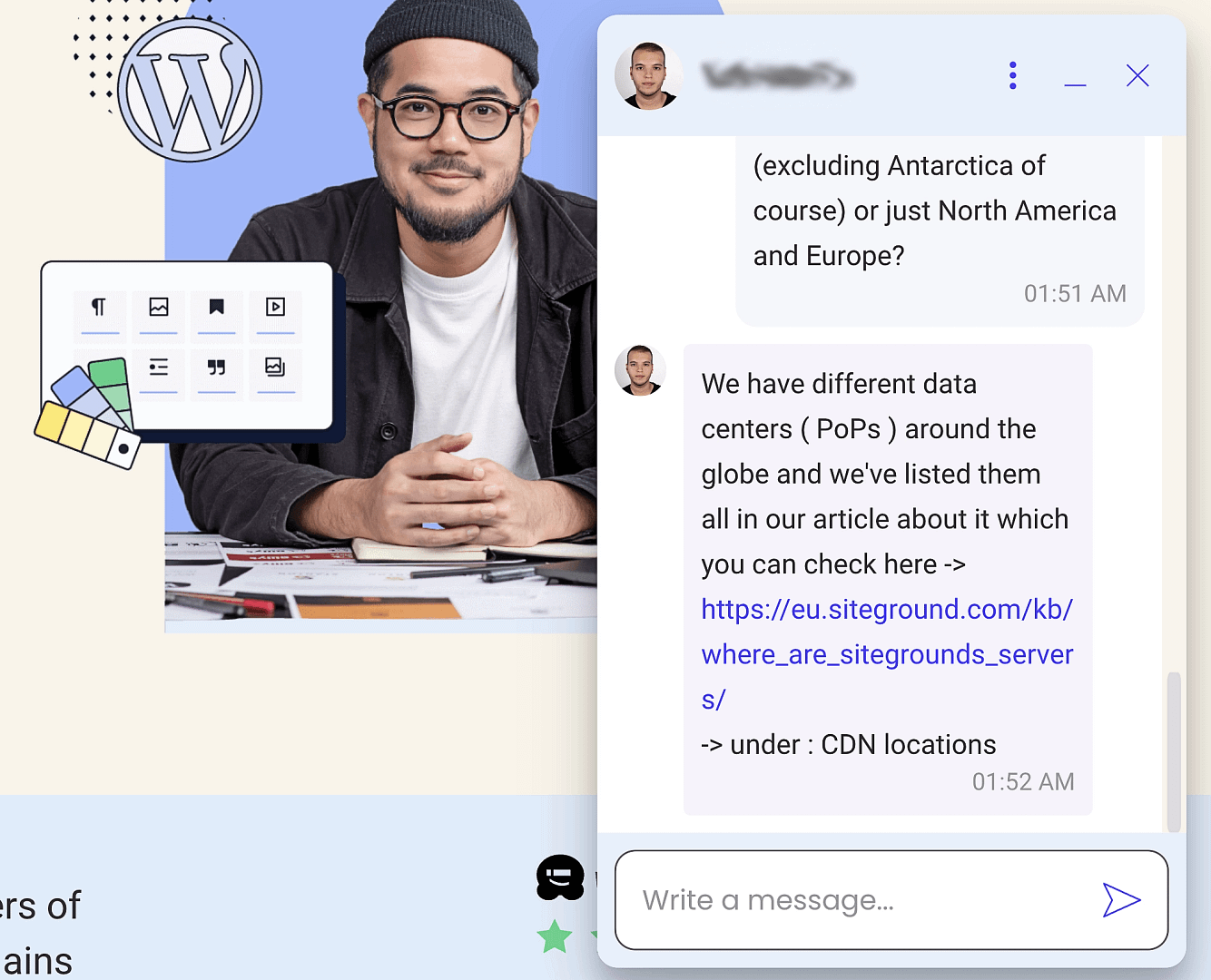 Asking questions via SiteGround's Live Chat system.