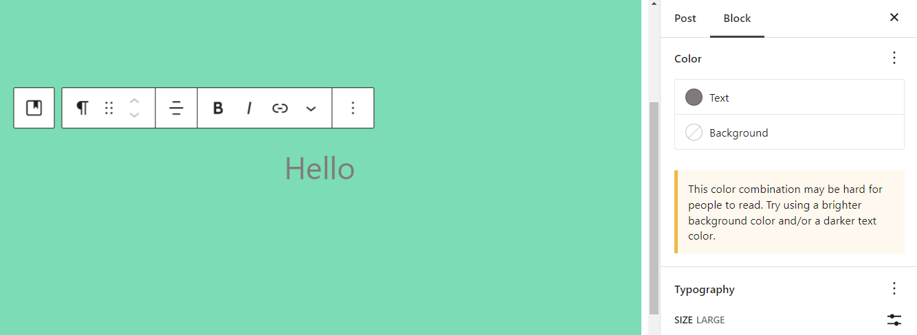 Insufficient contrast warning in the Block Editor.