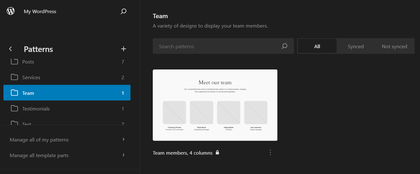 Meet our team block pattern.