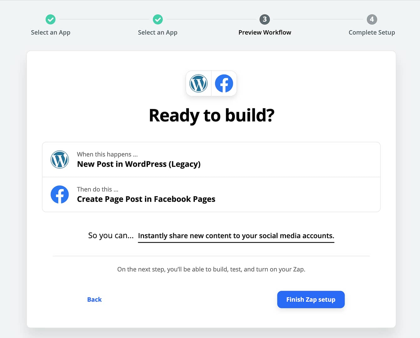 Setting up Zapier to post to Facebook & Twitter from WordPress with an existing workflow.