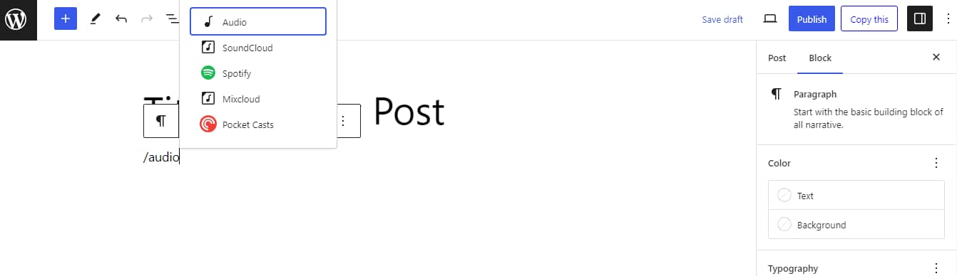 Adding an audio block to your page