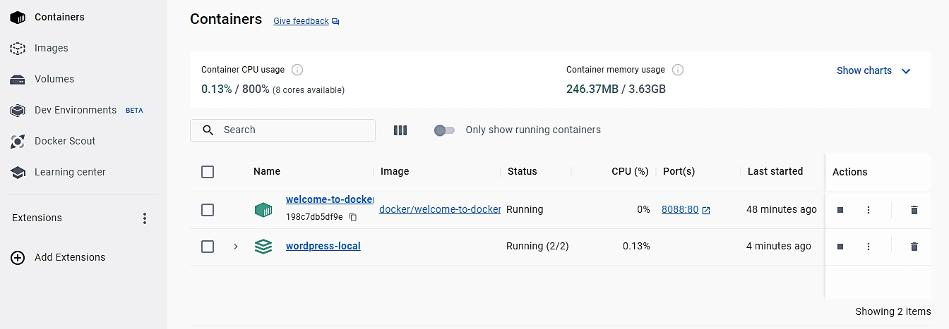WordPress container in Docker Desktop