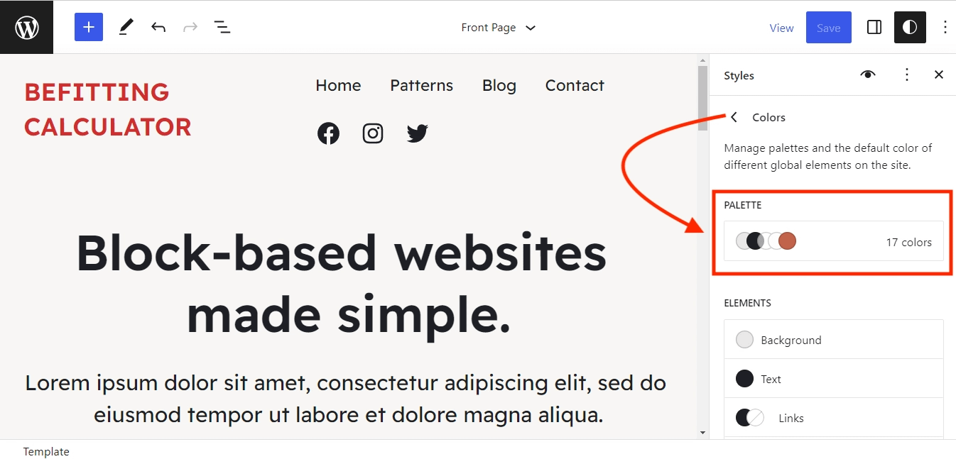 Changing the palette of your theme in the Full Site Editor.