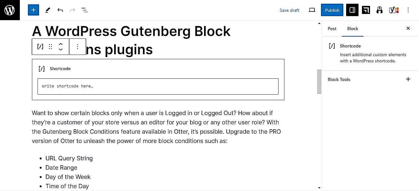 Shortcode block inside the WordPress Block Editor.