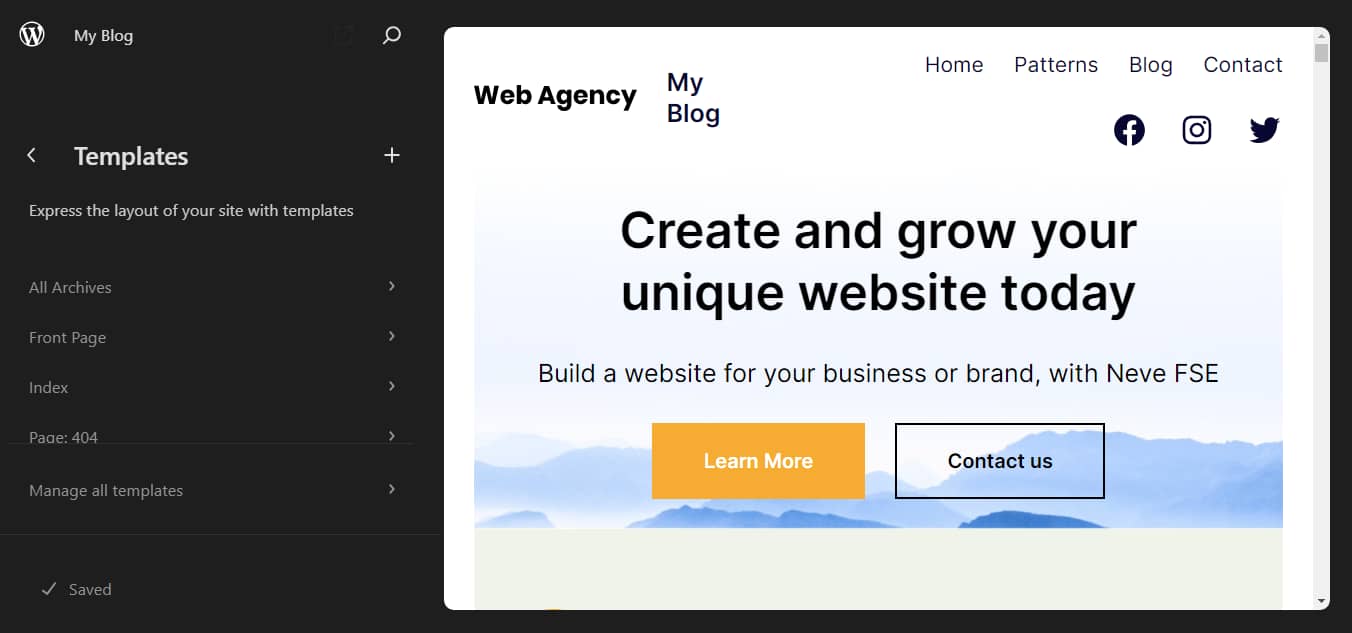 The templates in the Site Editor