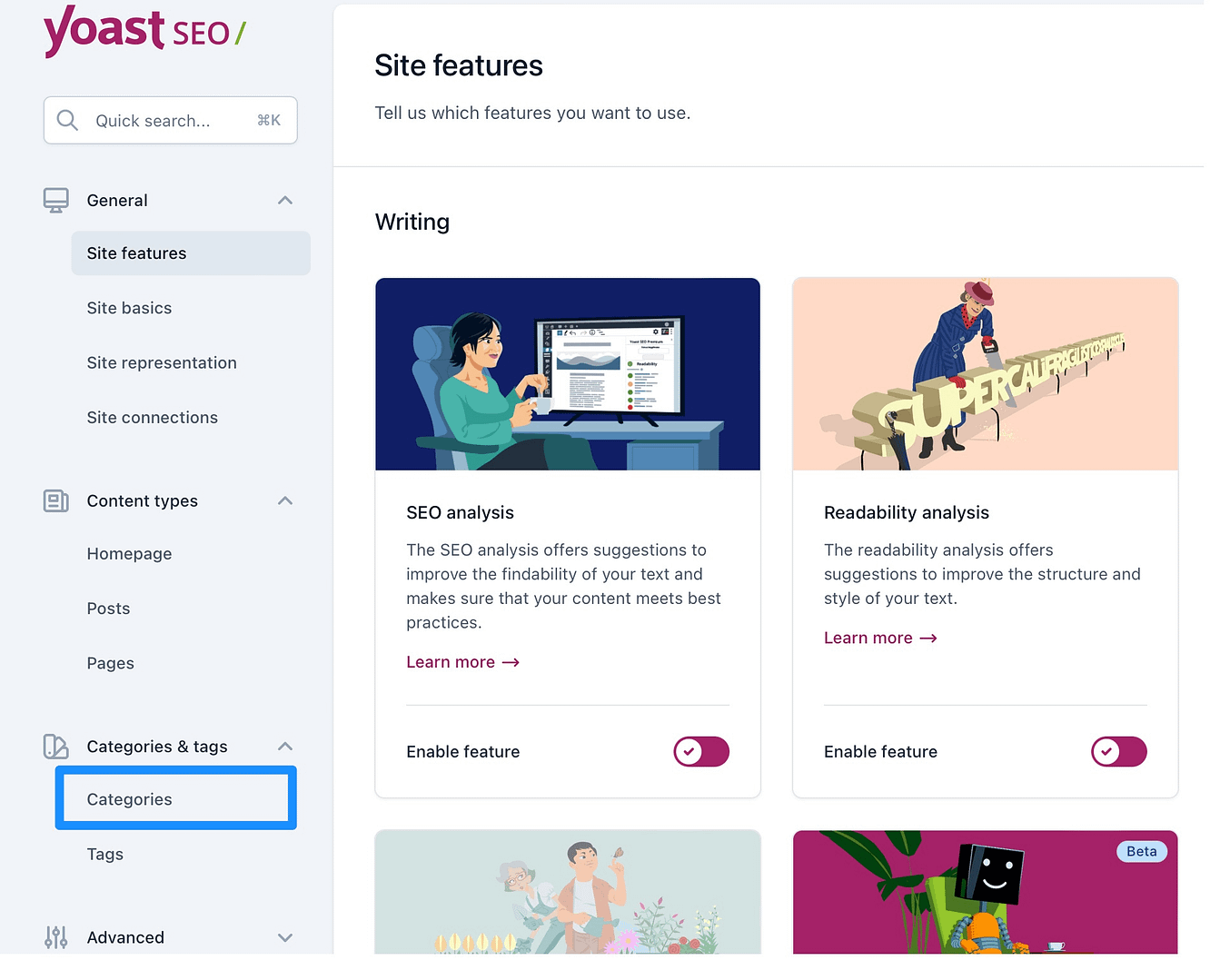 Optimizing categories with the Yoast SEO plugin.