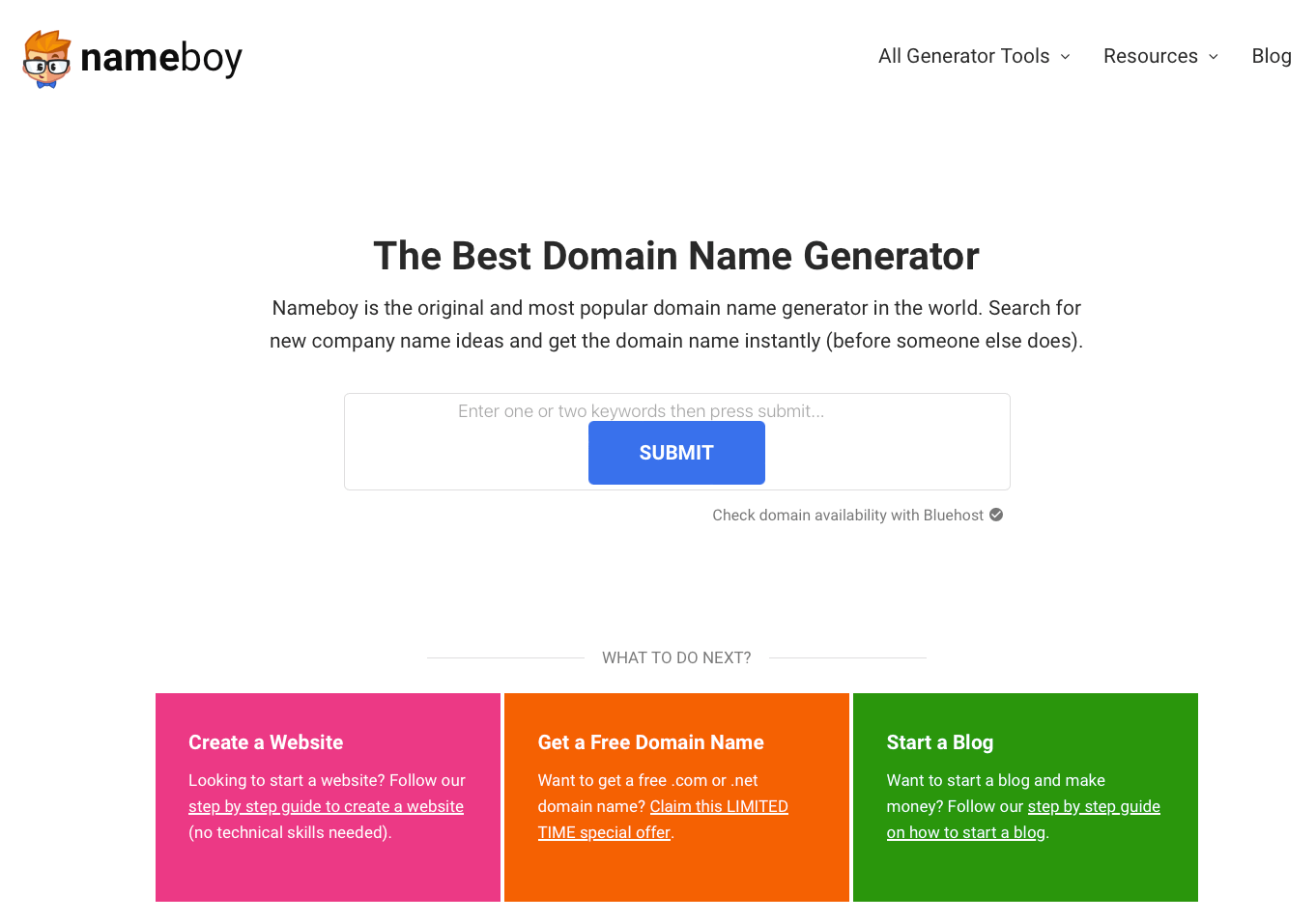 Image of the NameBoy Domain Name Generator Page