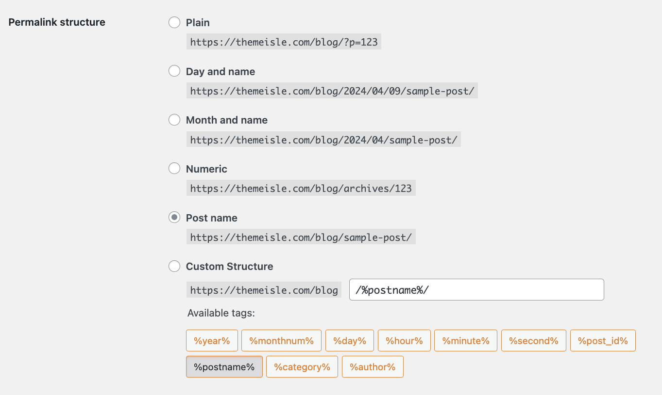 permalinks in WordPress to set site URLs