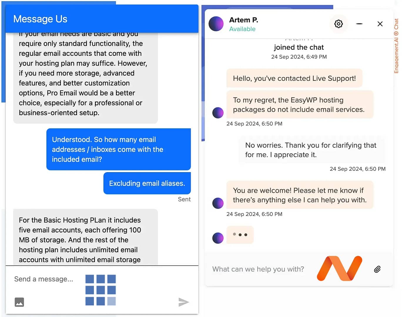 Side by side comparison of Bluehost support chat and Namecheap support chat.