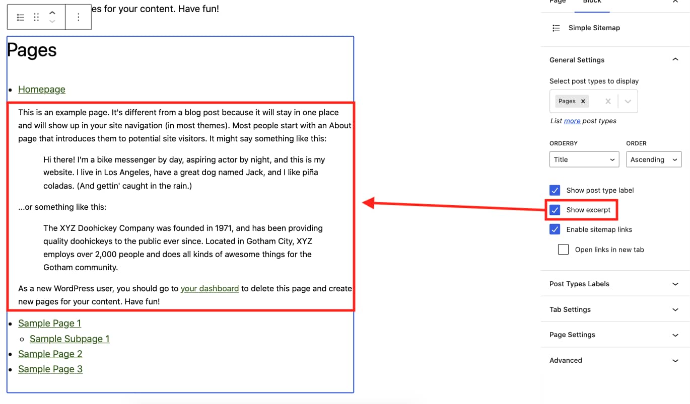 Choosing to expand the links in the HTML sitemap by showing the excerpt of each page or post.