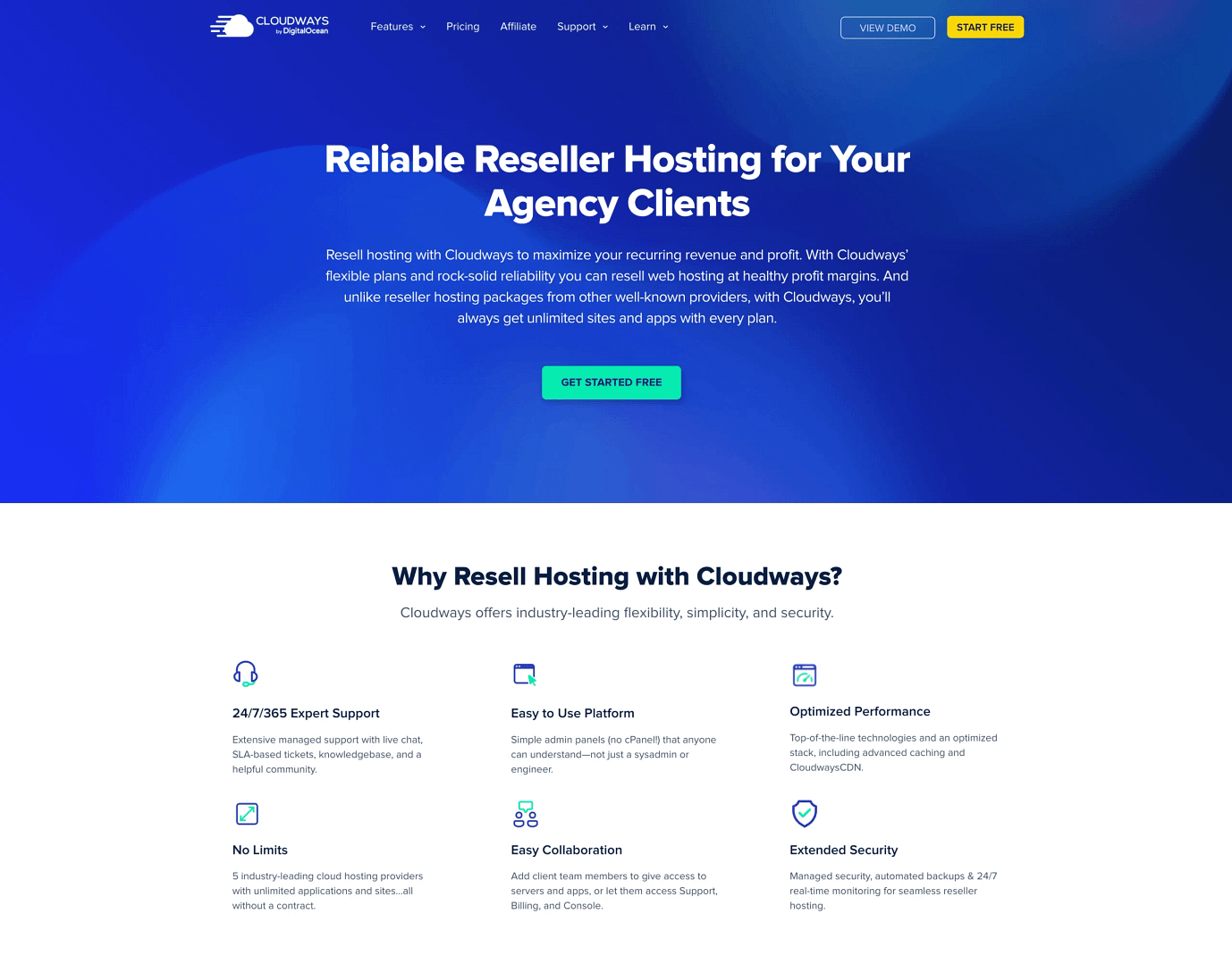 Cloudways reseller hosting page.