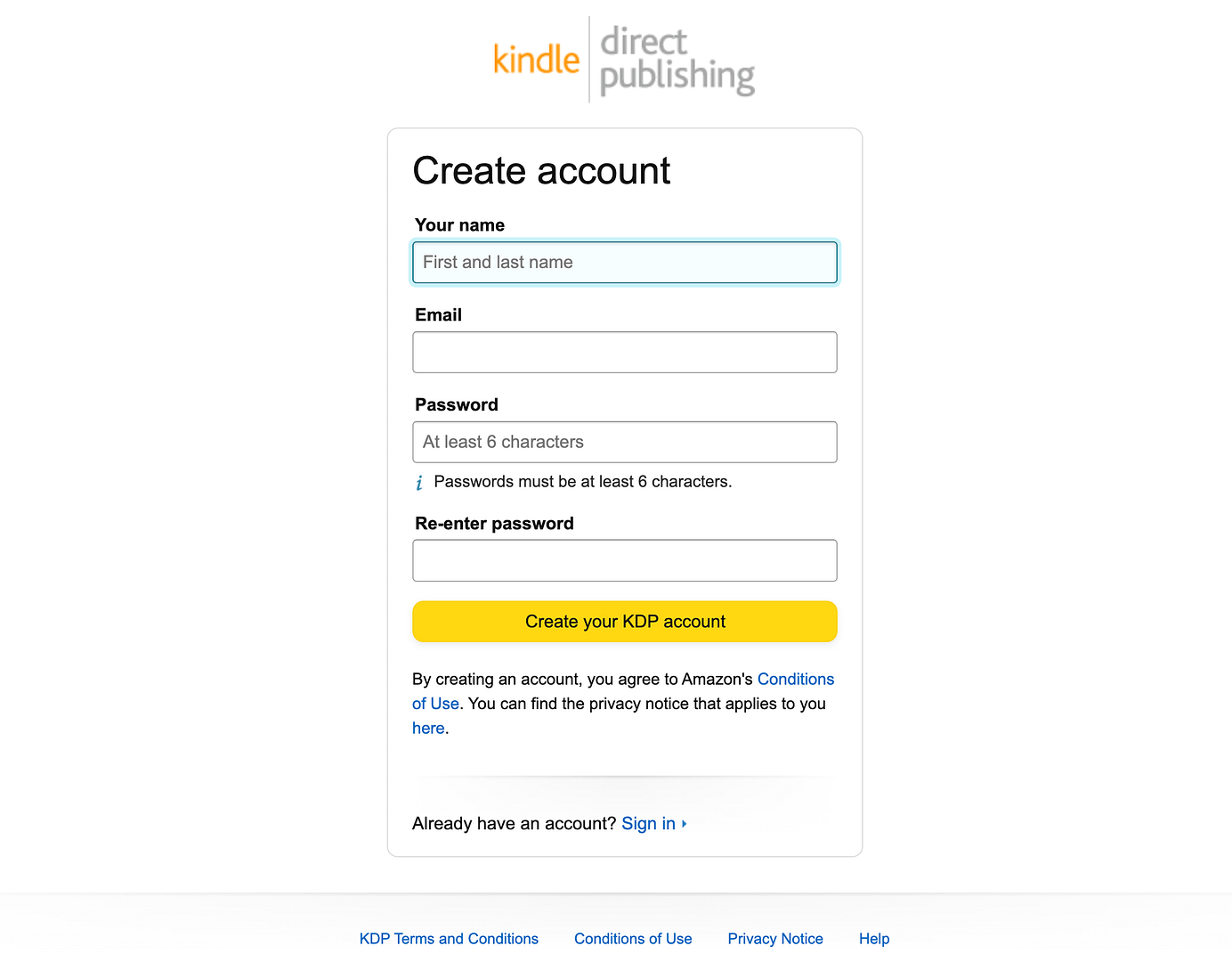 Creating a Kindle direct publishing account.