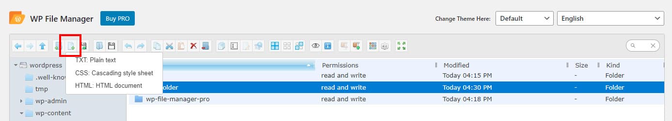 Creating a new file within WP File Manager in WordPress.