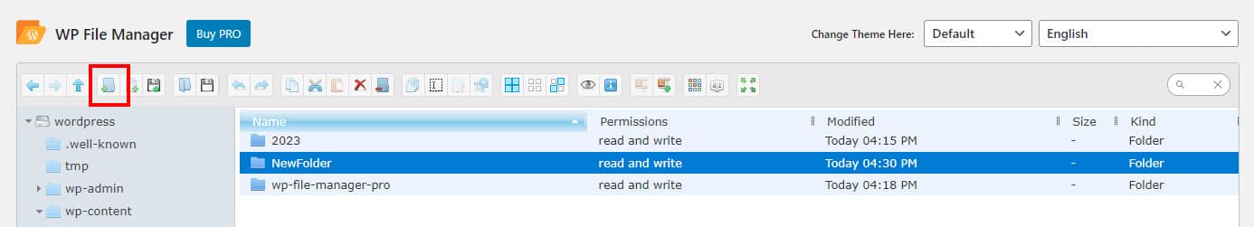 Creating a new folder within WP File Manager in WordPress.