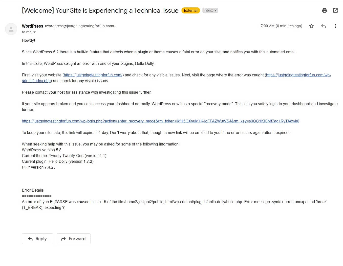 WordPress recovery mode email