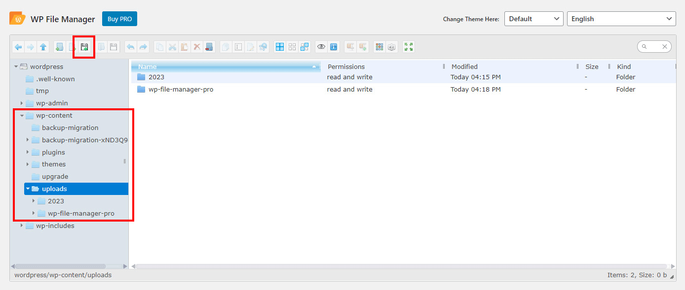 Uploading files to your WordPress website using the File Manager plugin.