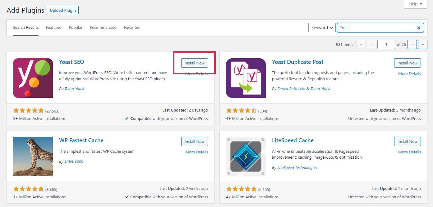 Searching for the Yoast SEO plugin in WordPress.