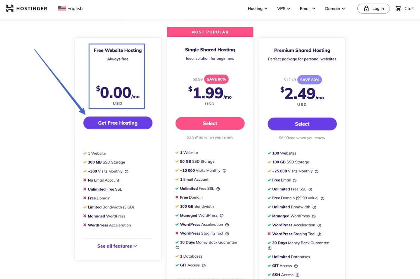 pick the free web hosting plan on Hostinger website