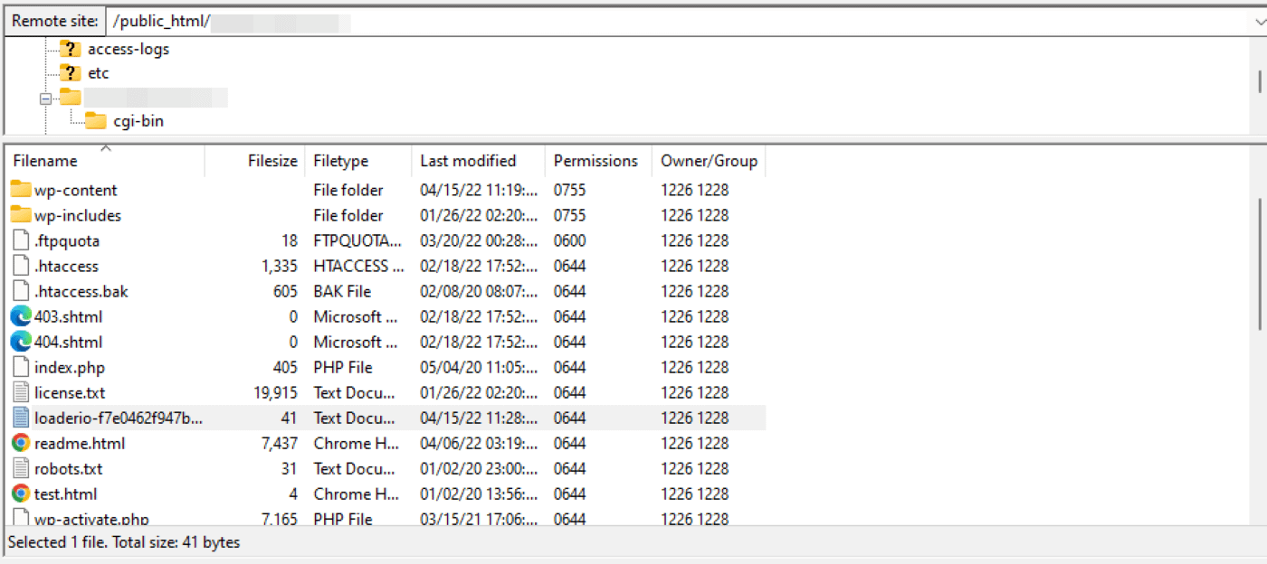 Adding the loader file to site's root folder in FileZilla.