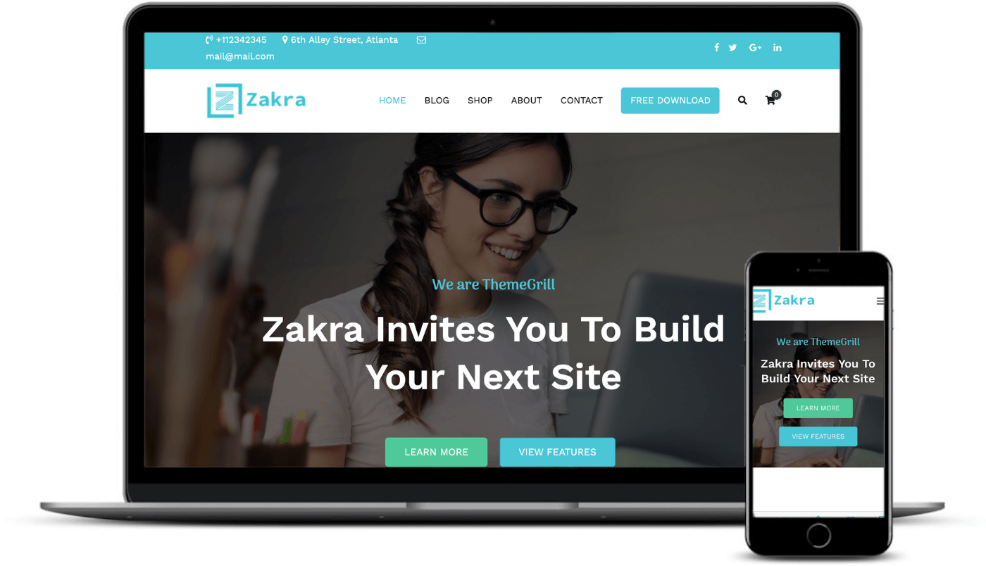 The Zakra theme on desktop and mobile.