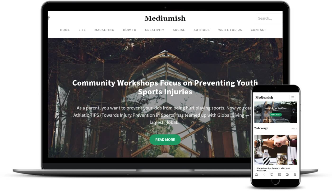 Mediumish theme on desktop and mobile.