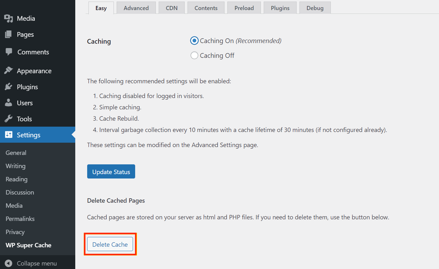 Clearing the WP Super Cache.