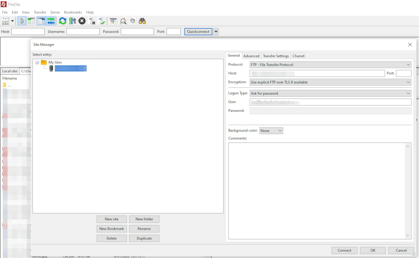 Using the FileZilla client to clone a WordPress site.