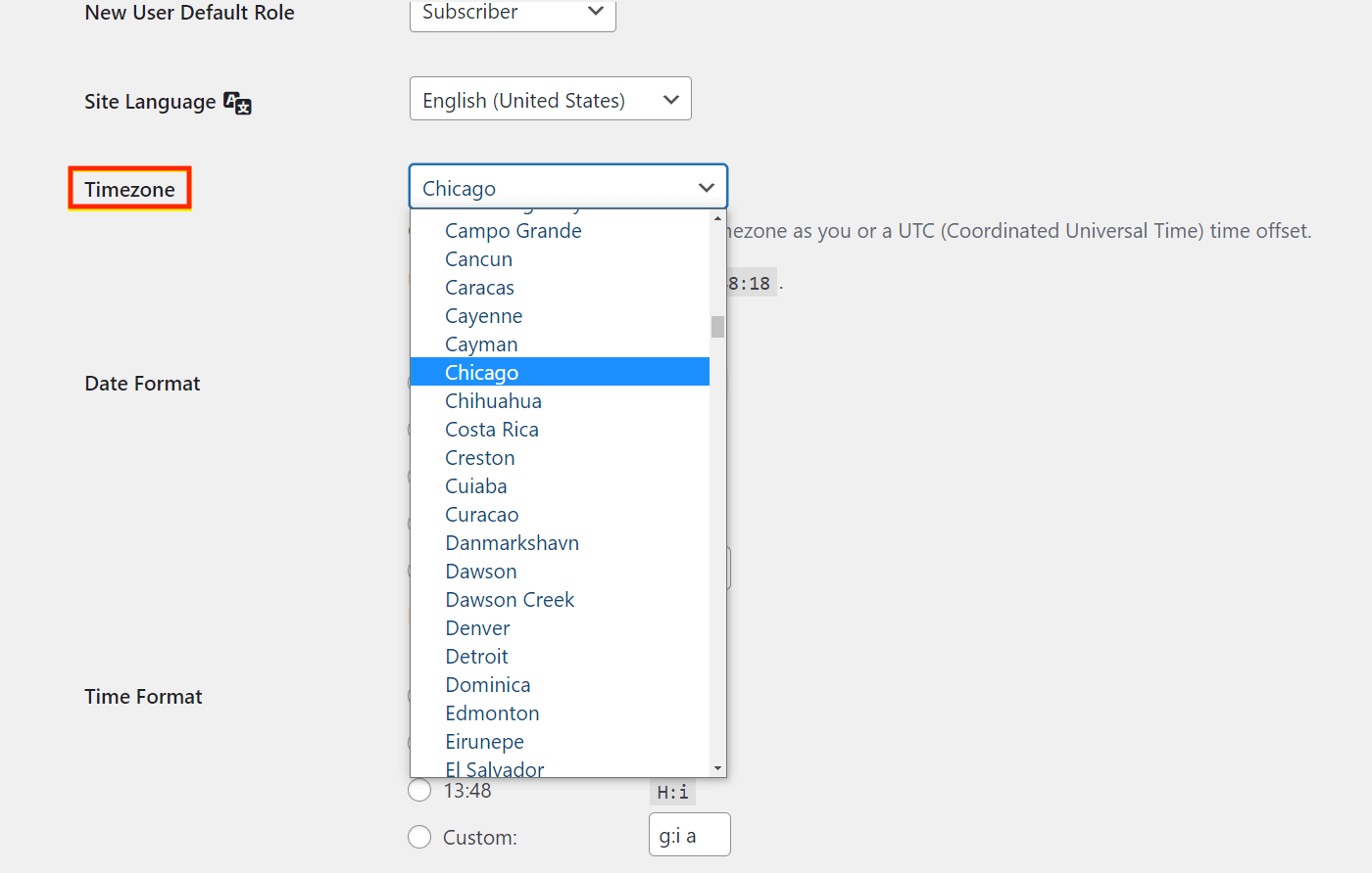An example of the WordPress timezone setting.