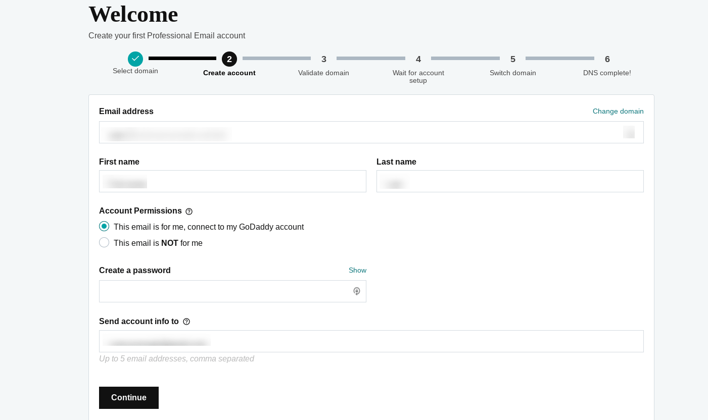The setup page to create a business email address with GoDaddy.