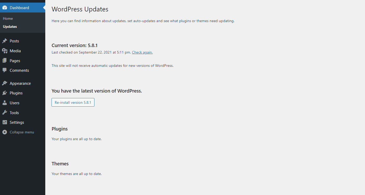 The WordPress Updates screen.