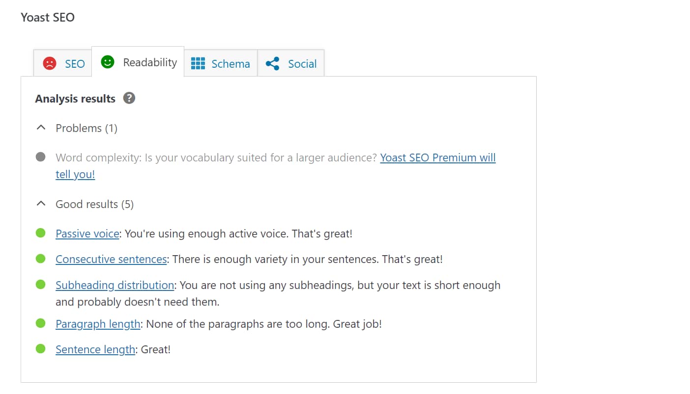 Readability suggestions from Yoast SEO.