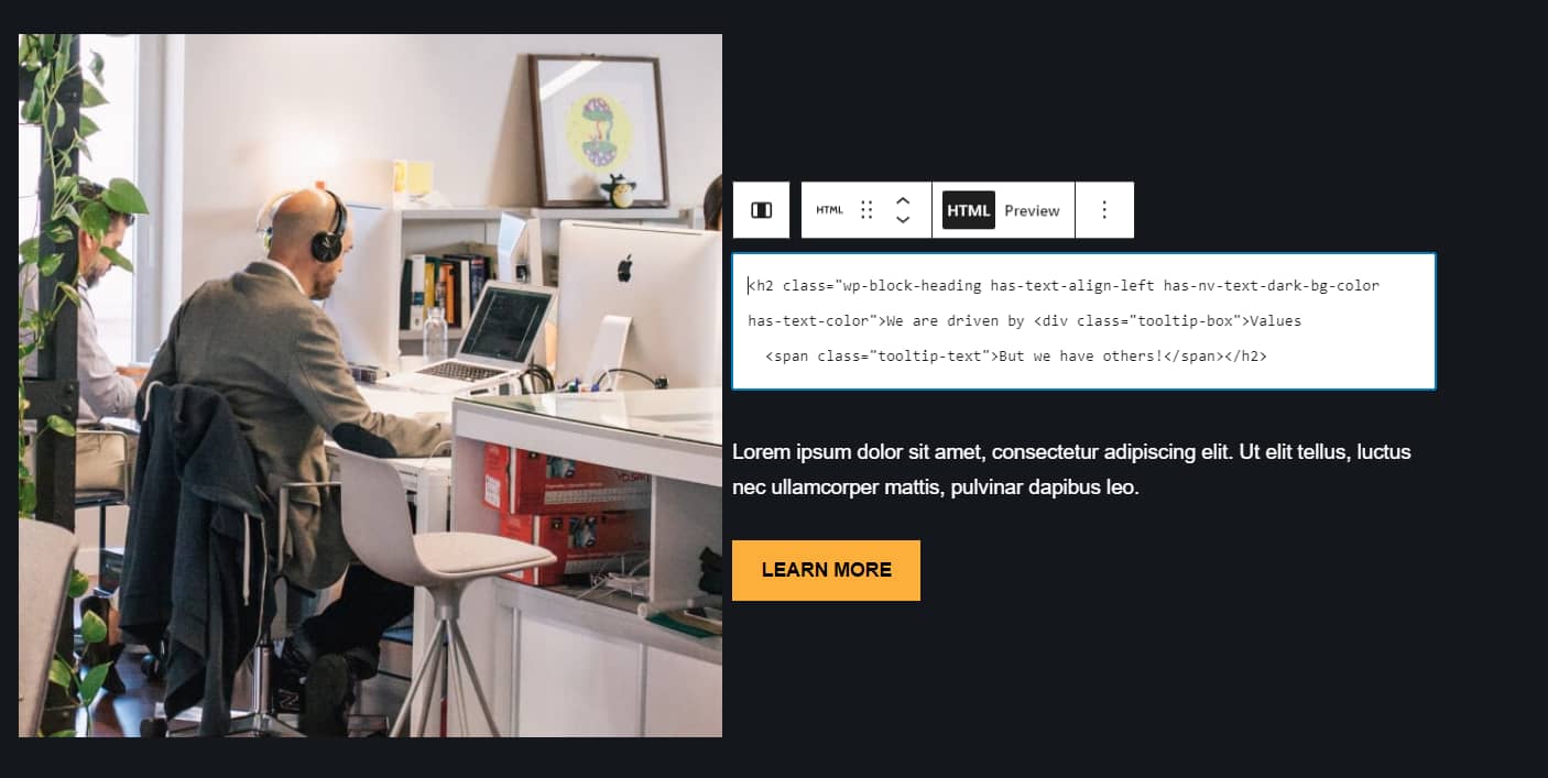 Manually creating a WordPress tooltip within the block editor.