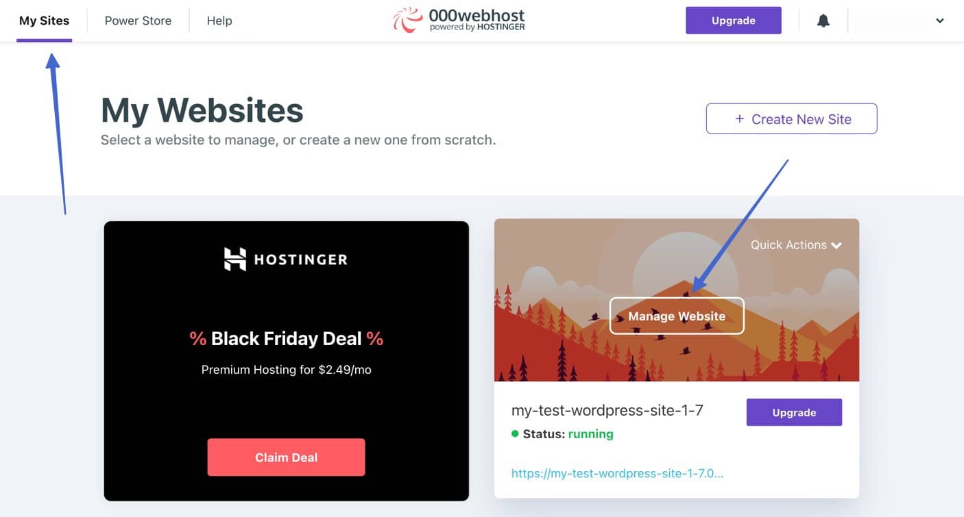 view website list back on the 000webhost dashboard