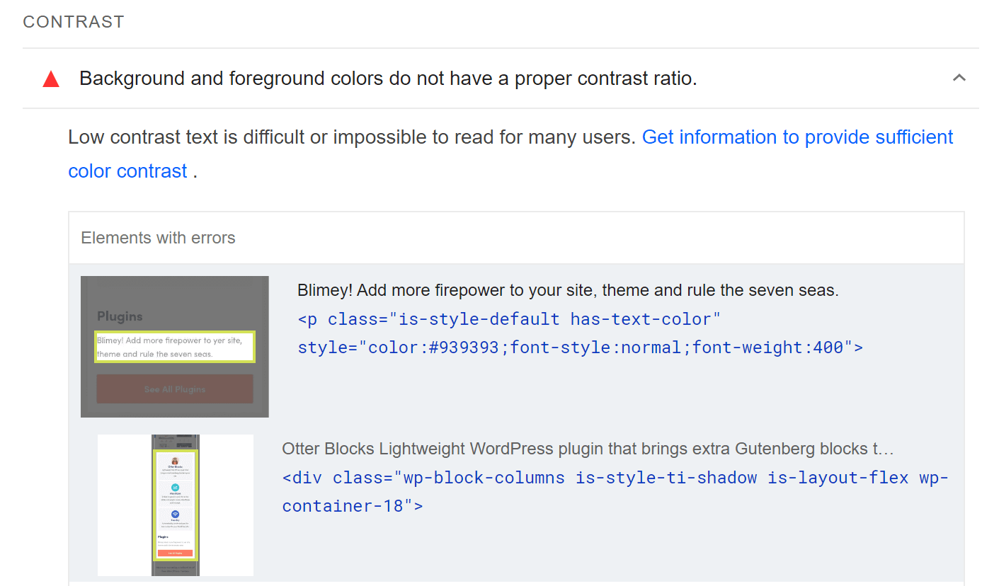 List of elements with poor contrast ratio on PageSpeed Insights.