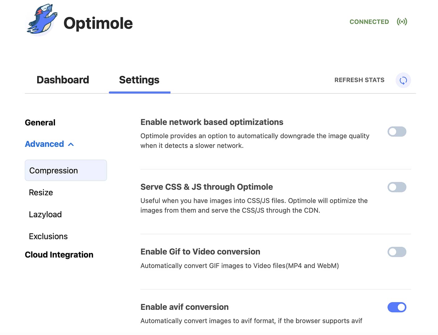 Optimole compression settings.