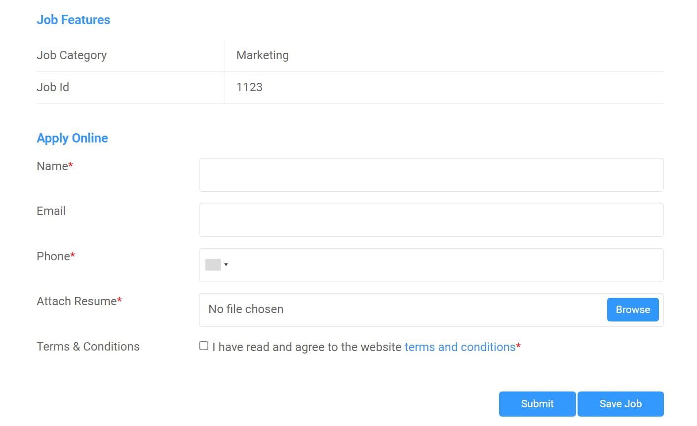 Job application form generated by the Simple Job Board WordPress plugin.