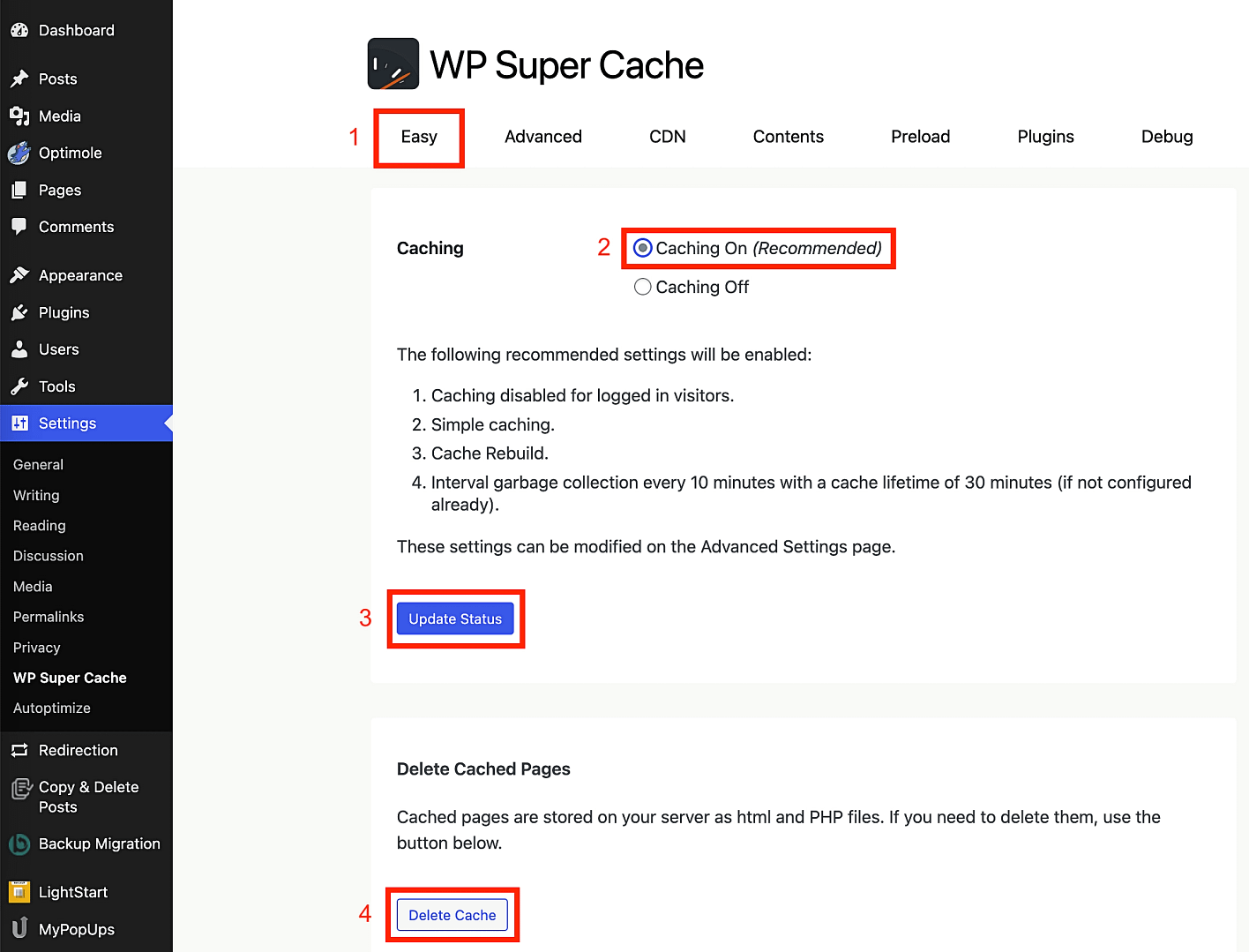 The WP SuperCache settings.
