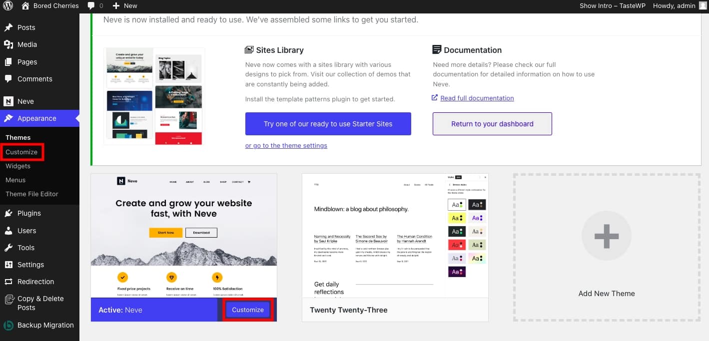 Accessing the WordPress customizer in Neve to start the process of creating a sticky menu
