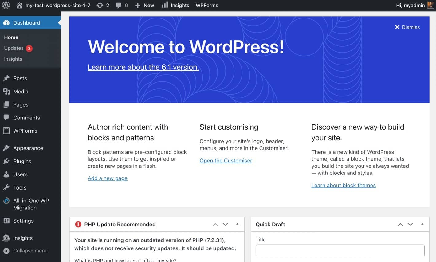 the WP dashboard for your free WordPress test site