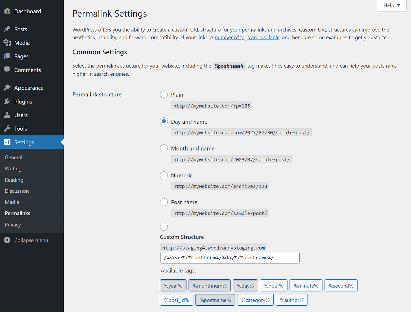 WordPress permalinks settings.